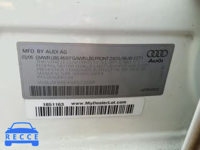 2005 AUDI A4 2.0T WAUAF68E45A522554 image 9