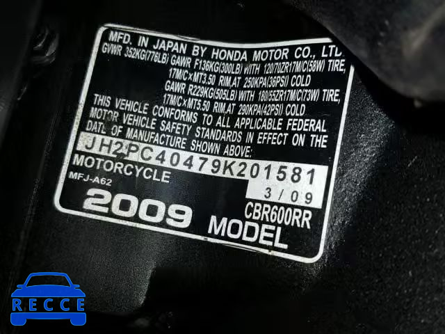 2009 HONDA CBR600 RR JH2PC40479K201581 image 9