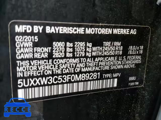 2015 BMW X4 XDRIVE2 5UXXW3C53F0M89281 зображення 9