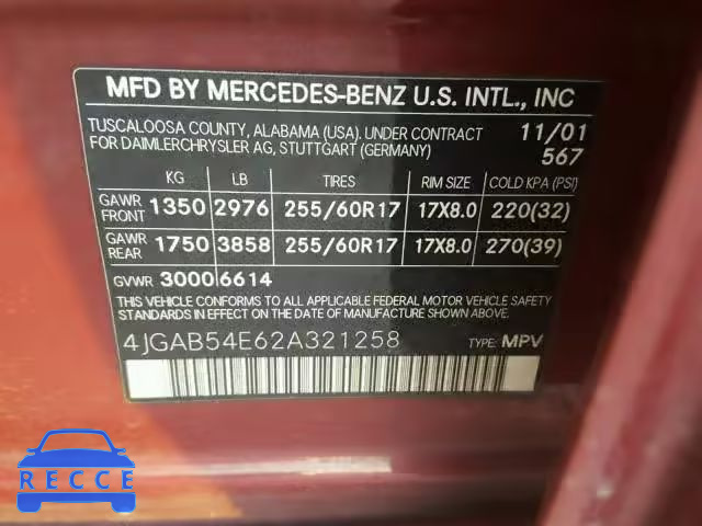2002 MERCEDES-BENZ ML 320 4JGAB54E62A321258 зображення 9