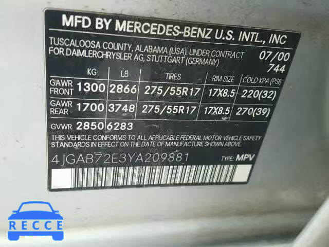 2000 MERCEDES-BENZ ML 430 4JGAB72E3YA209881 зображення 9