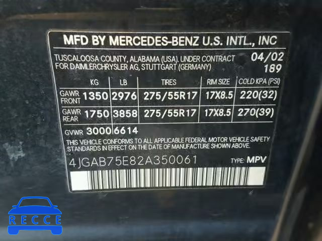2002 MERCEDES-BENZ ML 500 4JGAB75E82A350061 зображення 9