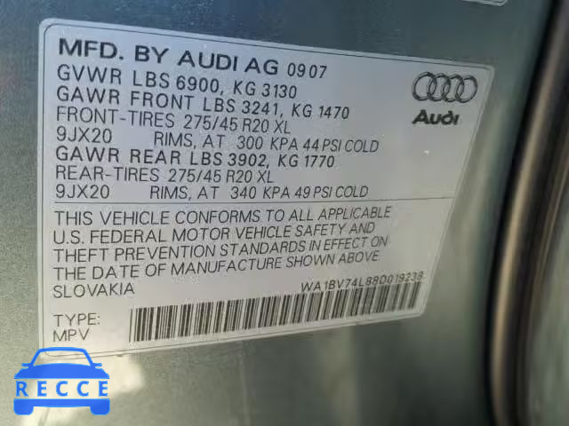 2008 AUDI Q7 4.2 QUA WA1BV74L88D019238 image 9