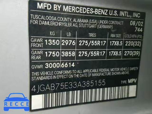 2003 MERCEDES-BENZ ML 500 4JGAB75E33A385155 зображення 9