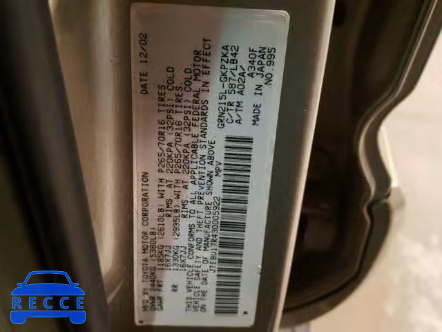 2003 TOYOTA 4RUNNER LI JTEBU17R430005922 image 9