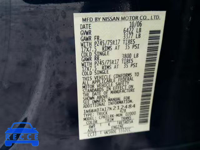 2007 NISSAN TITAN XE 1N6BA07A17N212484 image 9