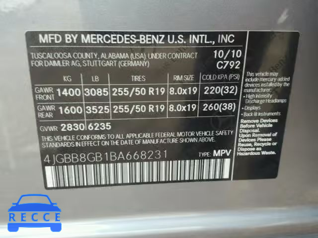 2011 MERCEDES-BENZ ML 350 4MA 4JGBB8GB1BA668231 image 9