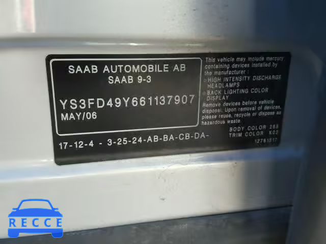 2006 SAAB 9-3 BASE YS3FD49Y661137907 зображення 9