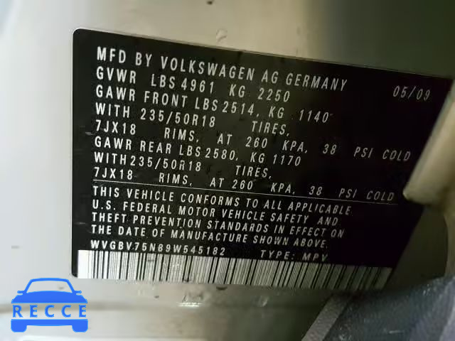 2009 VOLKSWAGEN TIGUAN SE WVGBV75N89W545182 зображення 9