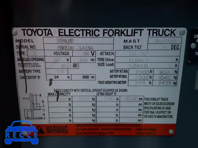 2007 TOYOTA FORKLIFT 0007BRU1800034136 зображення 9