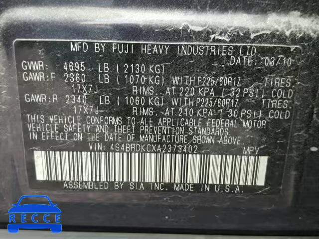 2010 SUBARU OUTBACK 3. 4S4BRDKCXA2373402 image 9