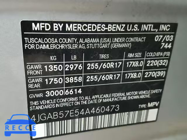 2004 MERCEDES-BENZ ML 350 4JGAB57E54A460473 Bild 9