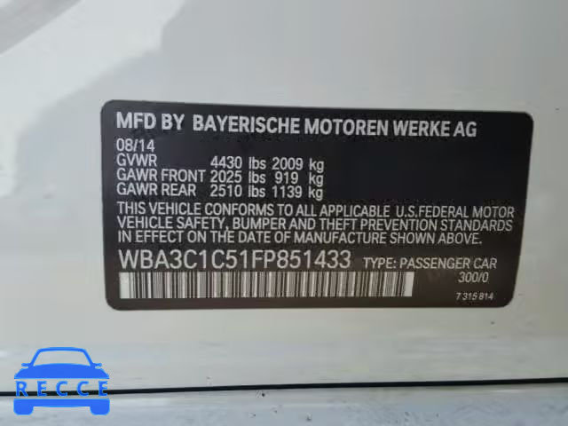 2015 BMW 328 I SULE WBA3C1C51FP851433 зображення 9