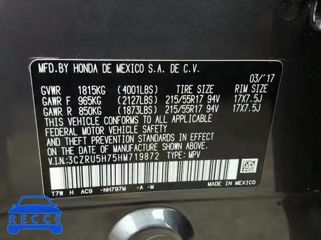 2017 HONDA HR-V EXL 3CZRU5H75HM719872 image 9