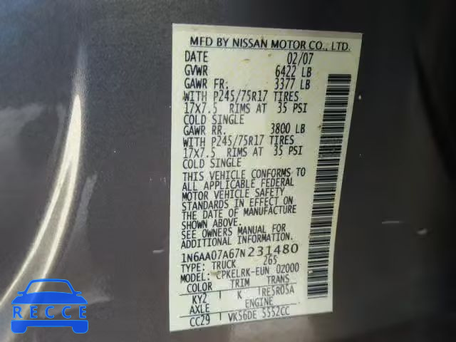 2007 NISSAN TITAN XE 1N6AA07A67N231480 image 9