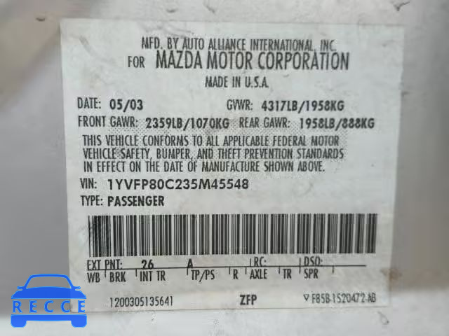 2003 MAZDA 6 I 1YVFP80C235M45548 image 9
