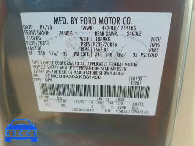 2010 FORD ESCAPE HYB 1FMCU4K30AKB81456 Bild 9