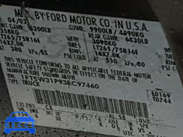 2003 FORD F350 SRW S 1FTSW31P93EC97460 image 9