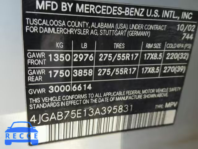 2003 MERCEDES-BENZ ML 500 4JGAB75E13A395831 зображення 9