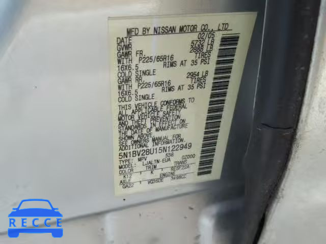 2005 NISSAN QUEST S 5N1BV28U15N122949 image 9