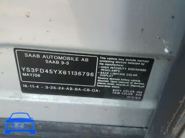 2006 SAAB 9-3 BASE YS3FD45YX61136796 image 9