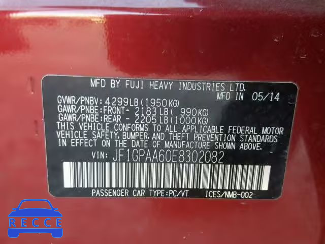 2014 SUBARU IMPREZA BA JF1GPAA60E8302082 image 9