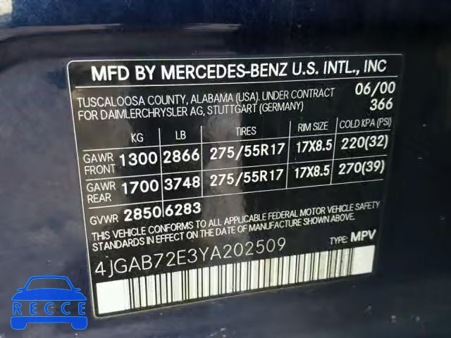 2000 MERCEDES-BENZ ML 430 4JGAB72E3YA202509 Bild 9