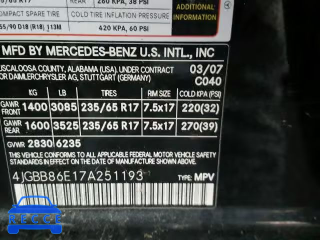 2007 MERCEDES-BENZ ML 350 4JGBB86E17A251193 зображення 9