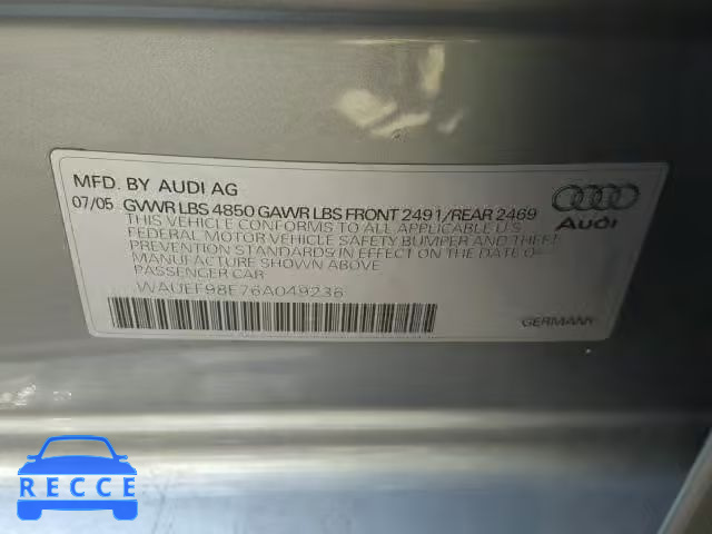 2006 AUDI A4 S-LINE WAUEF98E76A049236 зображення 9