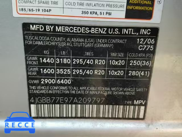 2007 MERCEDES-BENZ ML 63 AMG 4JGBB77E97A209797 зображення 9
