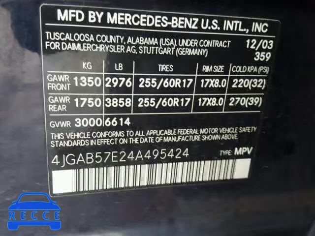 2004 MERCEDES-BENZ ML 350 4JGAB57E24A495424 зображення 9