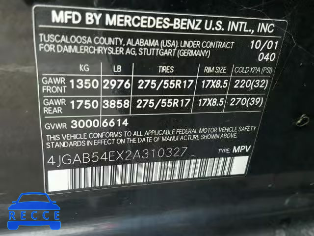 2002 MERCEDES-BENZ ML 320 4JGAB54EX2A310327 зображення 9