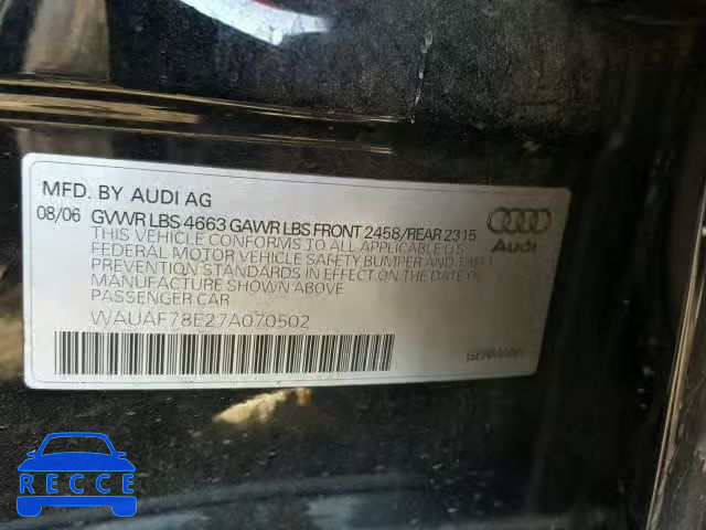 2007 AUDI A4 2 WAUAF78E27A070502 зображення 9