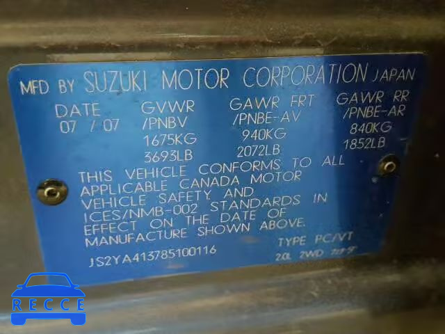 2008 SUZUKI SX4 BASE JS2YA413785100116 зображення 9