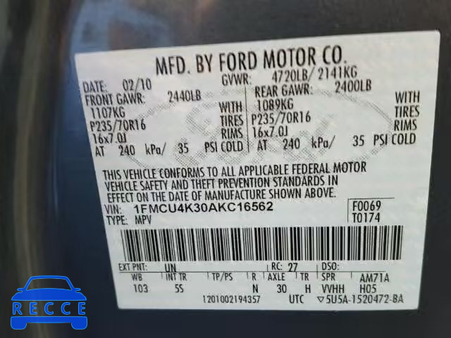 2010 FORD ESCAPE HYB 1FMCU4K30AKC16562 Bild 9