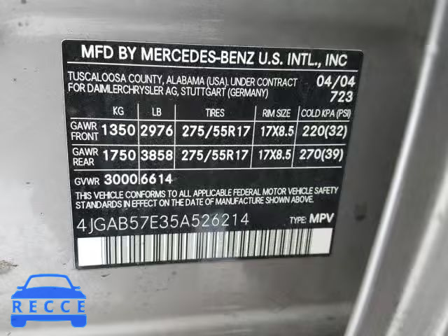 2005 MERCEDES-BENZ ML 350 4JGAB57E35A526214 зображення 9