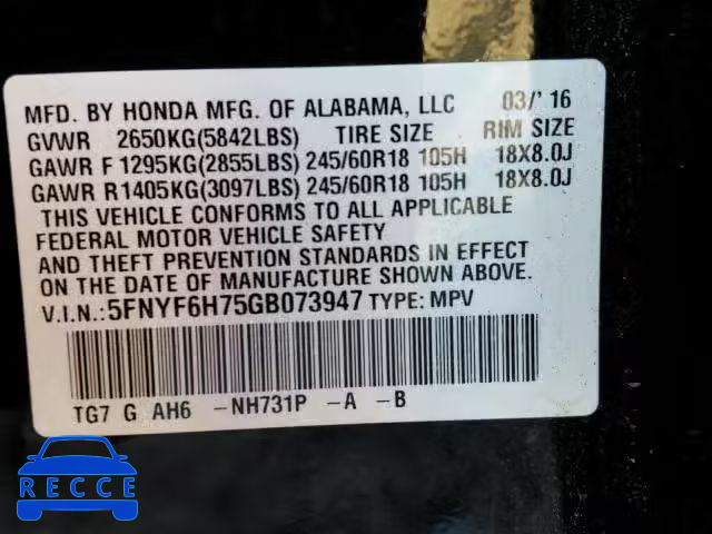 2016 HONDA PILOT EXLN 5FNYF6H75GB073947 image 9