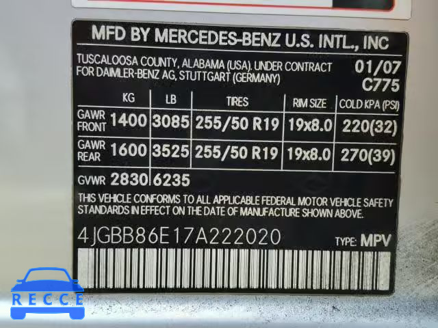 2007 MERCEDES-BENZ ML 350 4JGBB86E17A222020 Bild 9