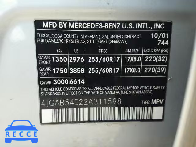 2002 MERCEDES-BENZ ML 320 4JGAB54E22A311598 image 9