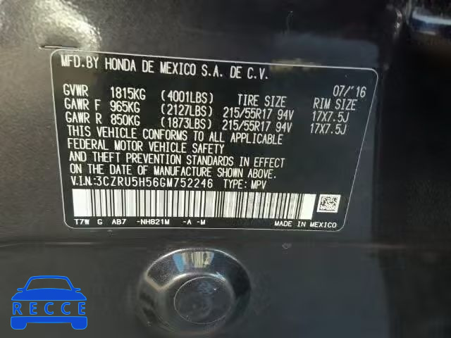 2016 HONDA HR-V EX 3CZRU5H56GM752246 image 9