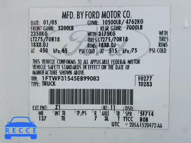 2005 FORD F350 SRW S 1FTWF31545EB99083 Bild 9