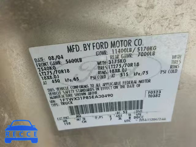 2005 FORD F350 SRW S 1FTWX31P85EA30490 image 9