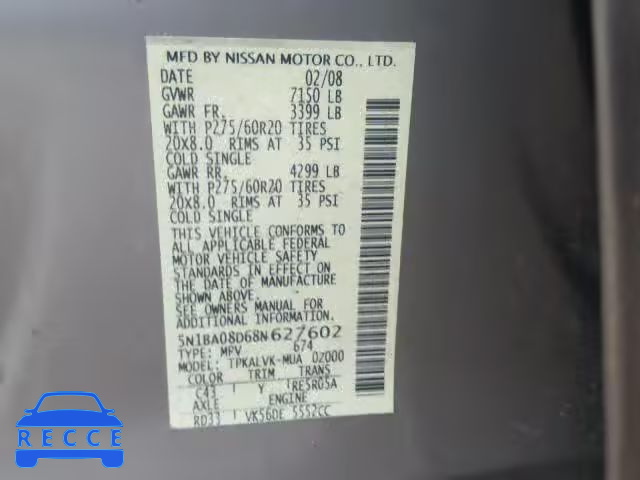 2008 NISSAN ARMADA SE 5N1BA08D68N627602 image 9