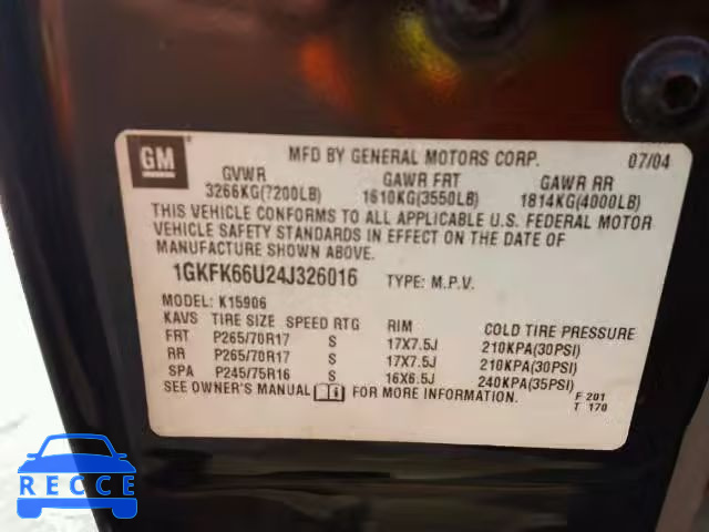 2004 GMC YUKON XL D 1GKFK66U24J326016 image 9