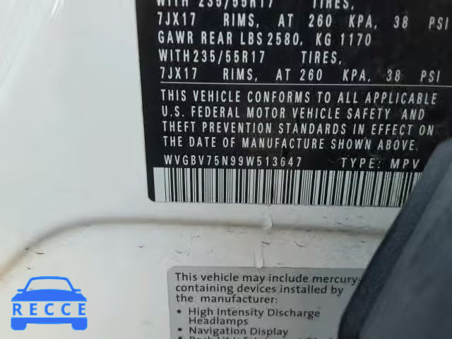 2009 VOLKSWAGEN TIGUAN SE WVGBV75N99W513647 image 9