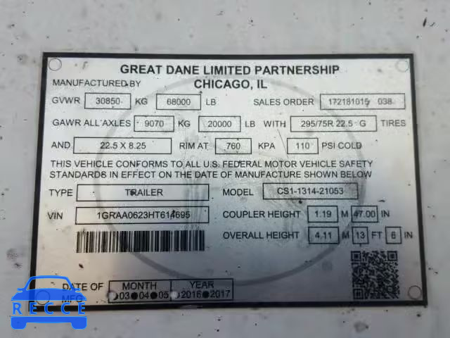 2017 GREAT DANE TRAILER SEMI TRAIL 1GRAA0623HT614695 Bild 9