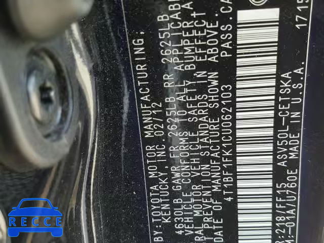2012 TOYOTA CAMRY BASE 4T1BF1FK1CU062103 image 9