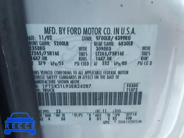 2003 FORD F350 SRW S 1FTSX31L93EB24287 image 9