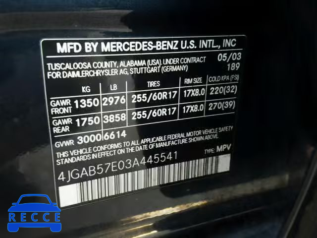 2003 MERCEDES-BENZ ML 350 4JGAB57E03A445541 image 9