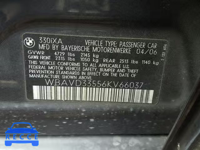 2006 BMW 330 XI WBAVD33556KV66037 зображення 9